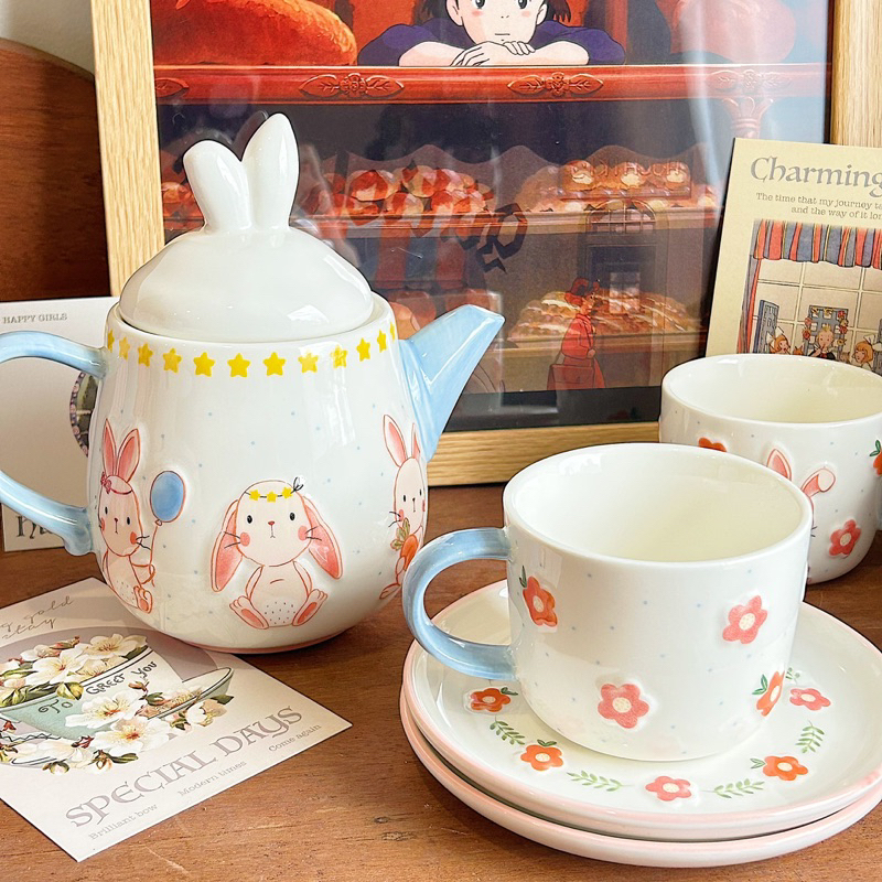 Set ấm tách trà thỏ uống trà vintage
