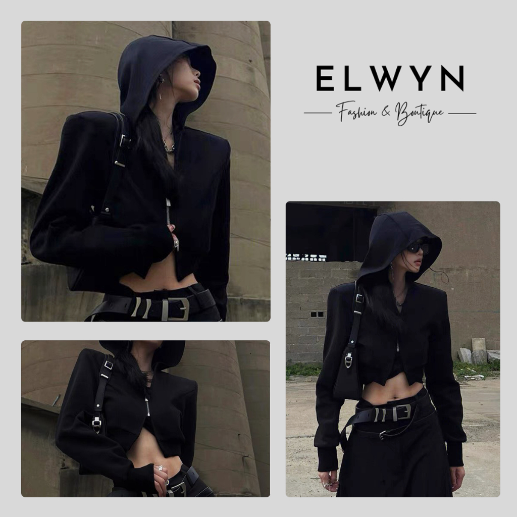 Áo khoác thu đông nữ dài tay độn vai có mũ trùm form crotop siêu cá tính ELWYN EL48