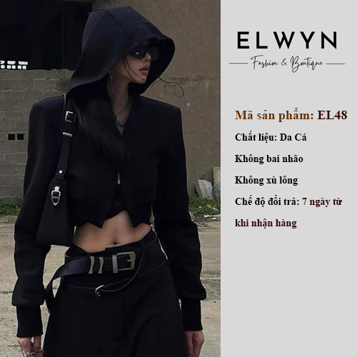 Áo khoác thu đông nữ dài tay độn vai có mũ trùm form crotop siêu cá tính ELWYN EL48