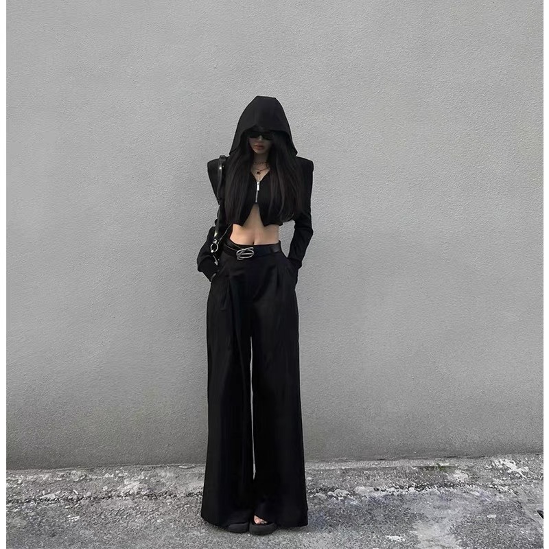 Áo khoác thu đông nữ dài tay độn vai có mũ trùm form crotop siêu cá tính ELWYN EL48