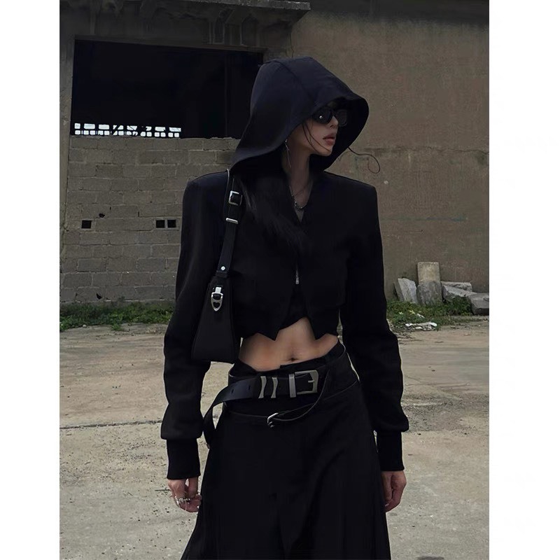 Áo khoác thu đông nữ dài tay độn vai có mũ trùm form crotop siêu cá tính ELWYN EL48