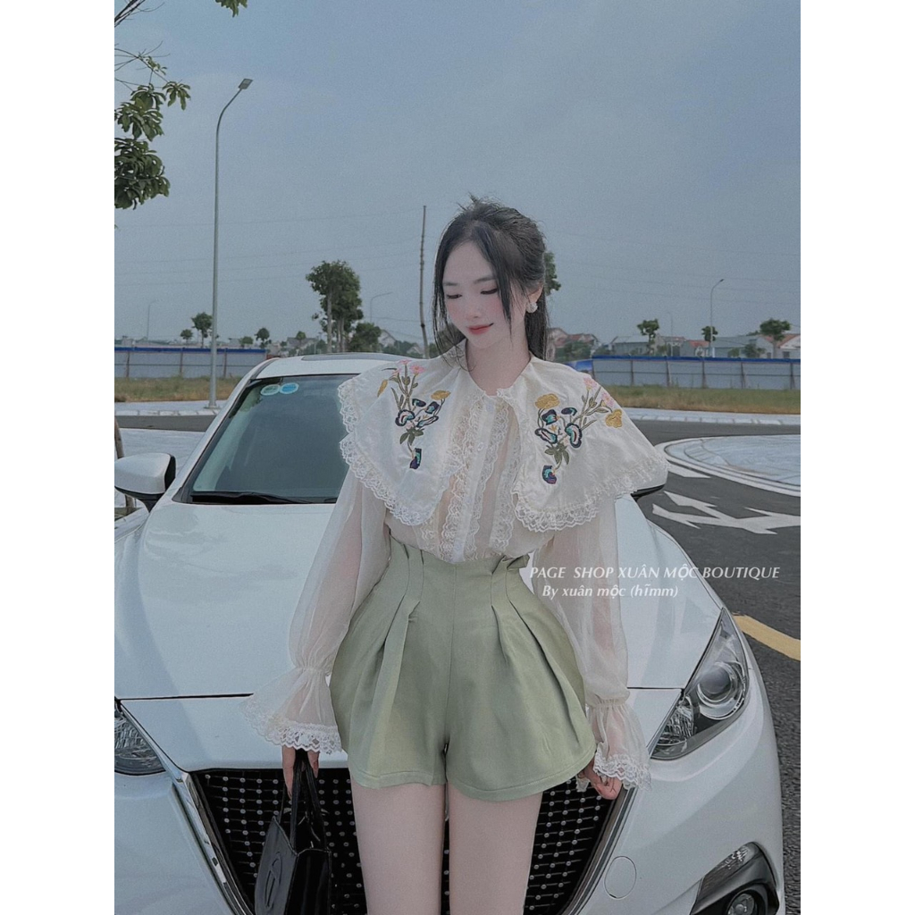 Set áo nữ cổ peter tay bồng thêu hoa mix quần sooc xanh MC049