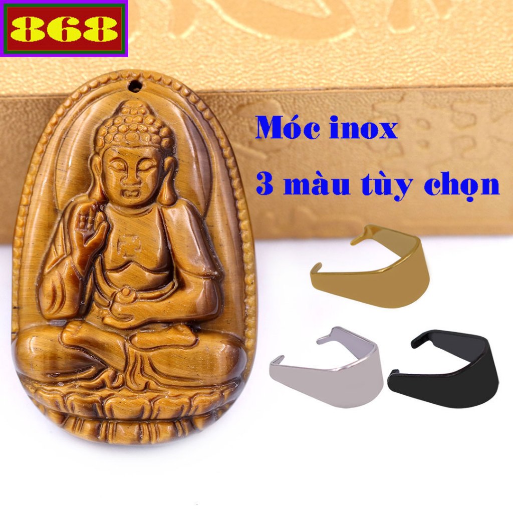 Mặt dây chuyền Phật A di đà đá mắt hổ 3.6 cm, 4.5 cm kèm móc inox, Phật bản mệnh