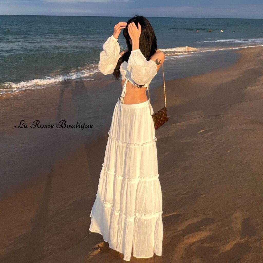 Chân váy dài vải tơ nhúng nàng thơ, đi biển - La Rosie Boutique