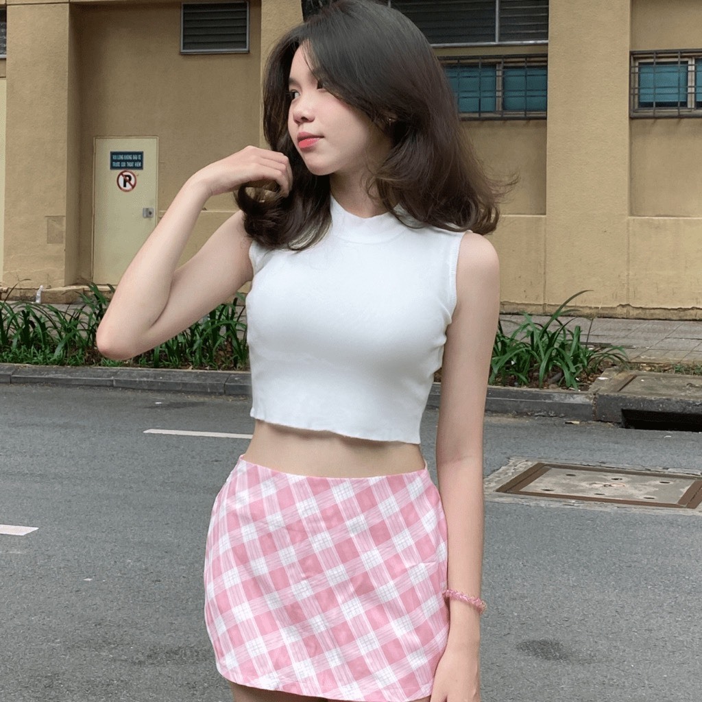 Chân váy Y2K kiểu cạp cao caro LALISA dáng ôm có lót quần, phong cách CV001