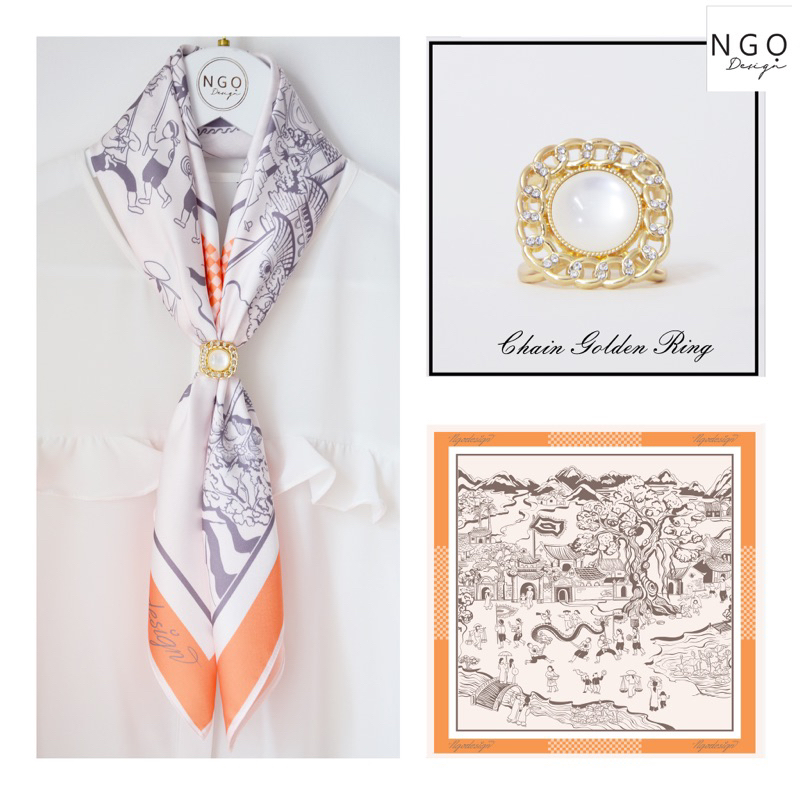 Ngọ Design - Set Quà tặng Khăn lụa Hội Làng (cam kem)