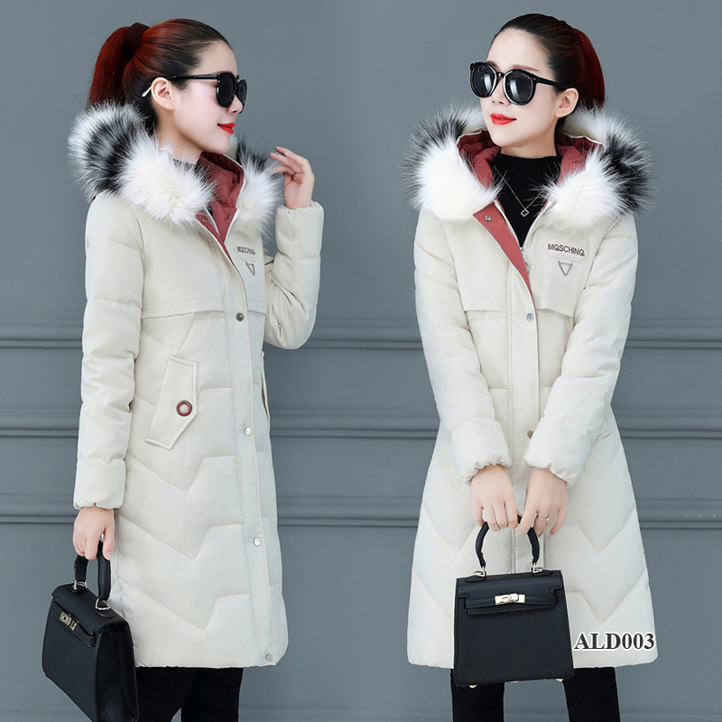 ALD003 - Áo phao nữ dáng dài, cổ lông, phong cách Hàn Quốc, lót bông ấm áp, nhẹ nhàng phù hợp đi chơi đi làm