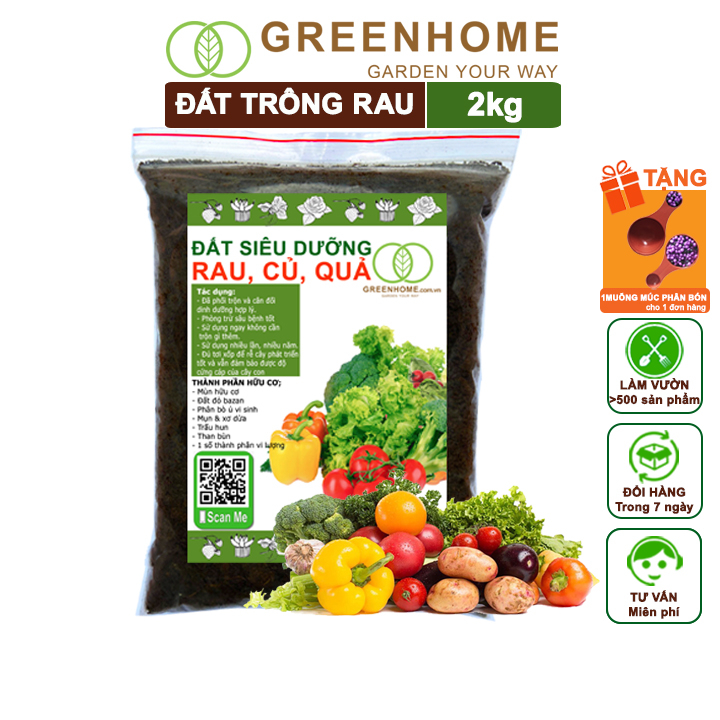 Đất Trồng Rau Greenhome, Bao 2kg, Hữu Cơ, Trộn Sẵn, Tiện Lợi, Đầy Đủ Dinh Dưỡng, Chuyên Cho Rau, Củ, Quả