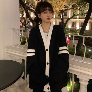 Áo cardigan nỉ kẻ sọc 2 tay cổ V viền trắng nổi bật dễ phối đồ