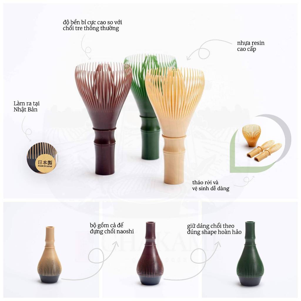 Set Chổi nhựa cao cấp Chasen Resin để pha matcha (100% Made in Japan) - Gồm cả đế giữ chổi Naoshi