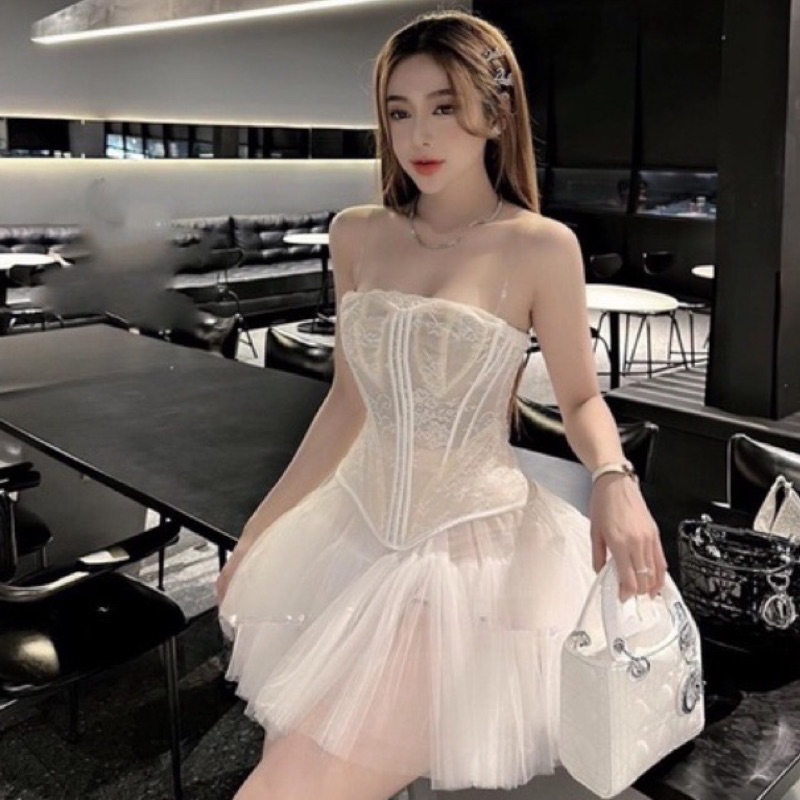 Set áo ren corest cúp ngực phối chân váy lưới mini dáng xoè công chúa, tiểu thư M1129