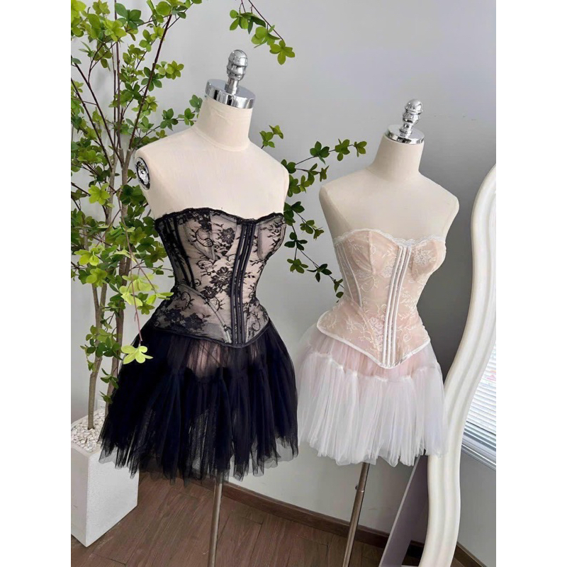 Set áo ren corest cúp ngực phối chân váy lưới mini dáng xoè công chúa, tiểu thư M1129