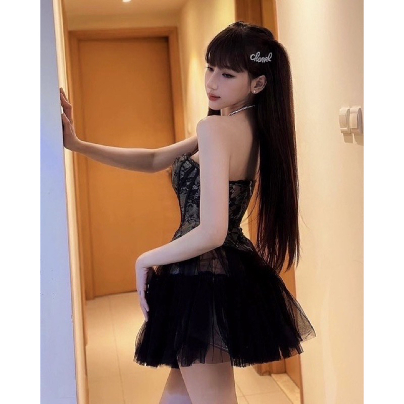 Set áo ren corest cúp ngực phối chân váy lưới mini dáng xoè công chúa, tiểu thư M1129