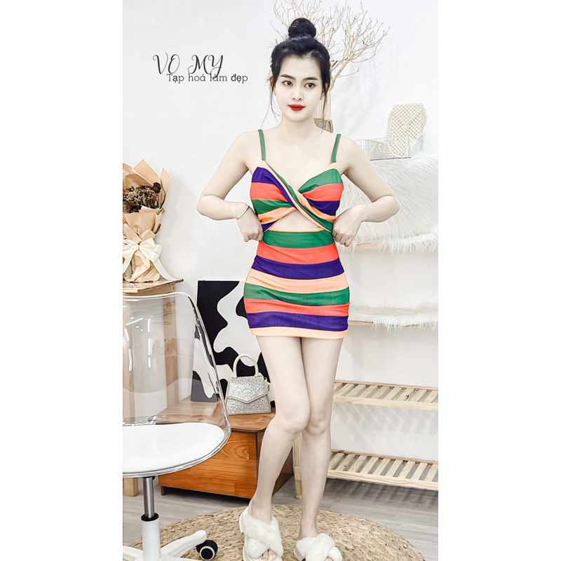 Đầm body xoắn dây nhìu màu