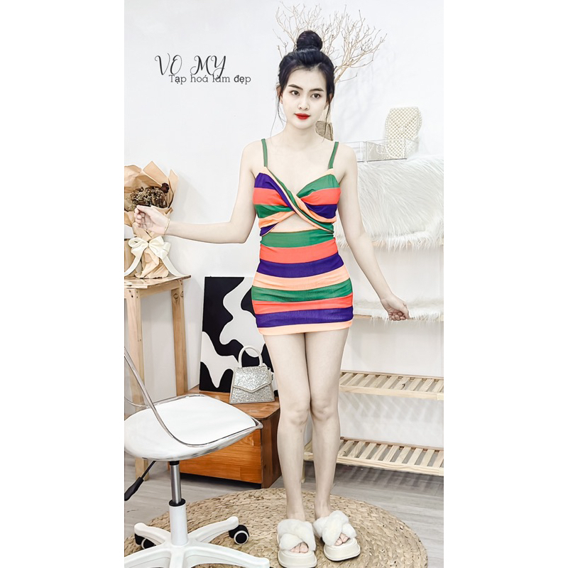 Đầm body xoắn dây nhìu màu