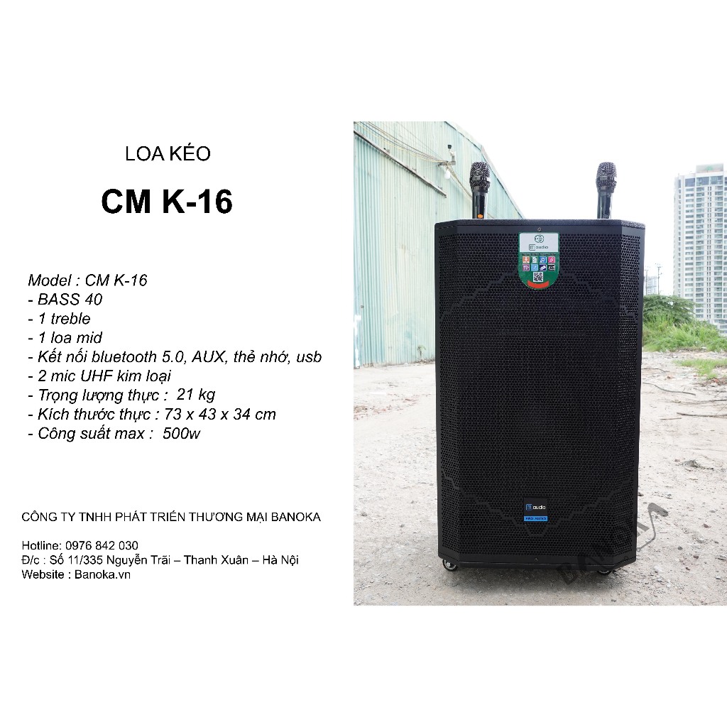Loa kéo cao cấp CMaudio K16 Bass 40, 3 đường tiếng, kèm 2 tay micro UHF, công suất max 650w