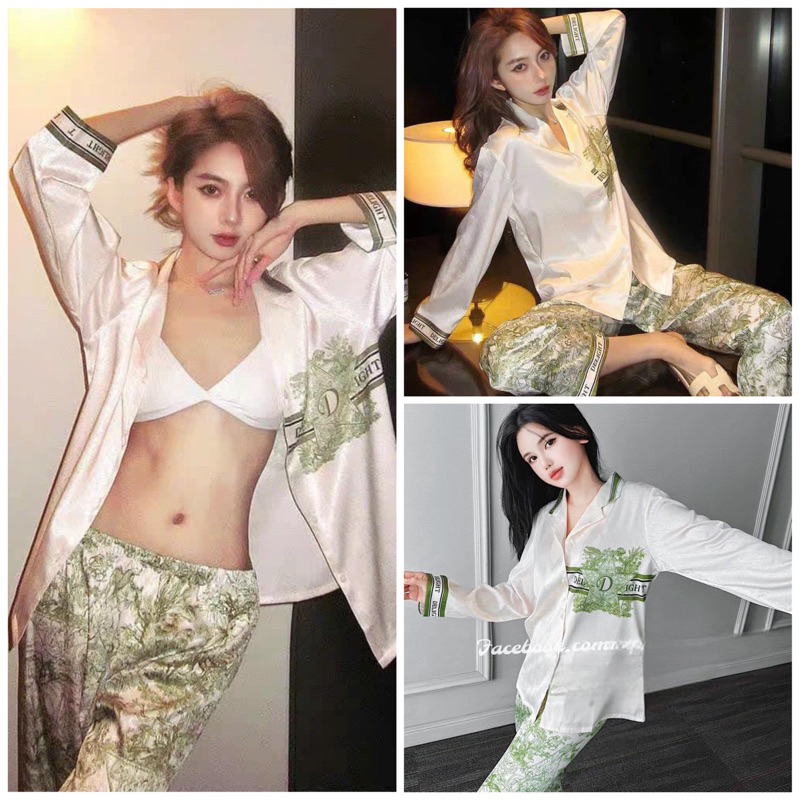 Bộ pijama lụa xước Quảng Châu tay dài Đie xanh
