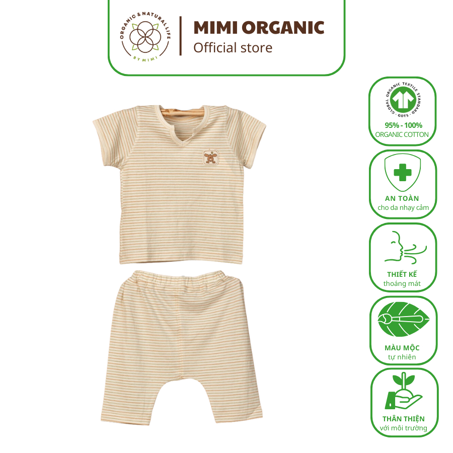 Bộ quần áo cộc Nature Colored- Mimi Organic khoét cổ kẻ ba màu sợi bông hữu cơ trẻ em