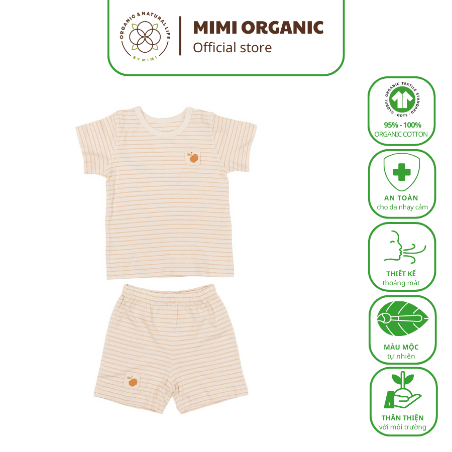 Bộ quần áo cộc Natured Color - Mimi Organic kẻ nâu sợi bông hữu cơ cho bé trai và bé gái thoáng  thấm hút mồ hôi tốt