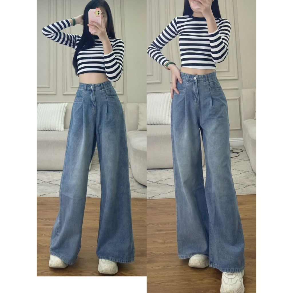 Quần jeans nữ MAIA ống rộng chiết ly lưng cao dài 100cm 7224 P1K7
