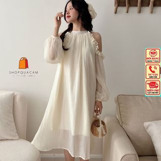 Váy Tay Dài Bồng Cổ Yếm Dáng Dài 2 Lớp Phối Vai Bèo From Rộng Thiết Kế Dễ Mặc Phù Hợp Với Mọi Lứa Tuổi Phong Cách Hàn