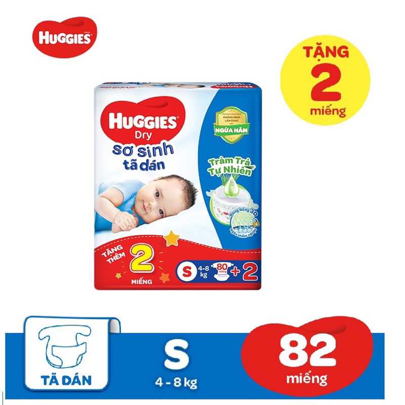 Tã dán sơ sinh Huggies Dry S 80 miếng + tặng 2 miếng