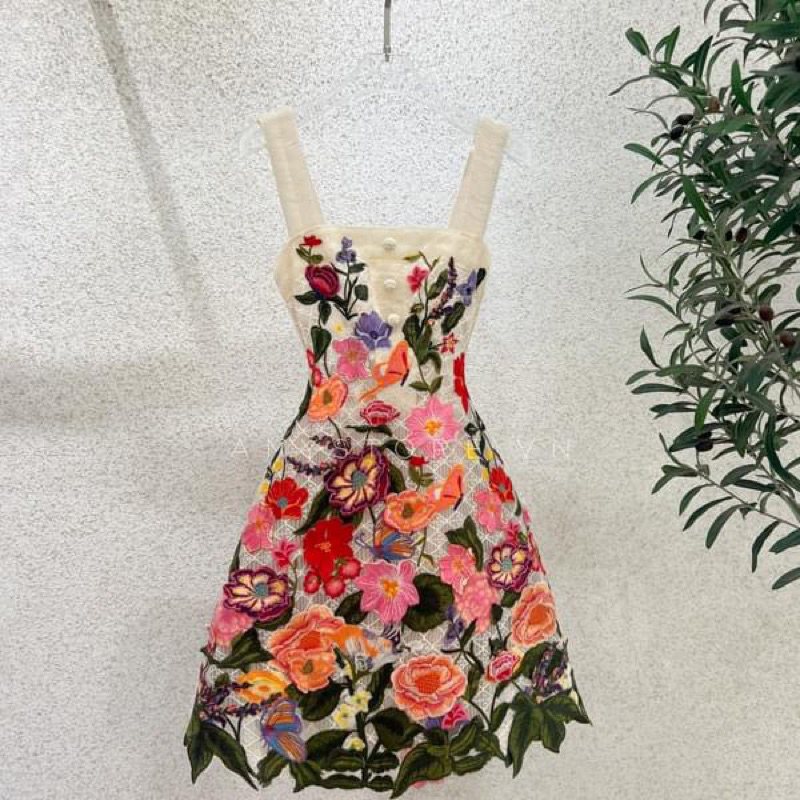 Đầm dự tiệc text giả ren thanh lịch dáng chữ A hai dây cổ vuông , cover hãng Amy