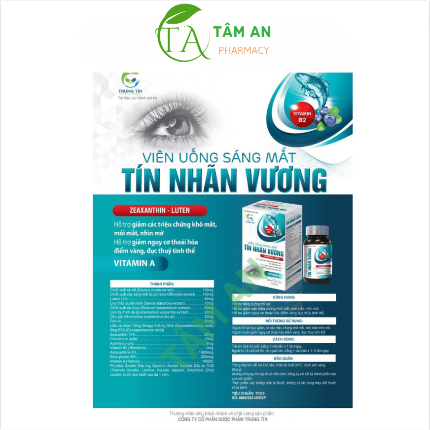 Viên uống sáng mắt Tín Nhãn Vương bổ mắt,viên sáng mắt  giảm các triệu chứng khô mắt, mỏi mắt, nhìn mờ hộp 30 viên