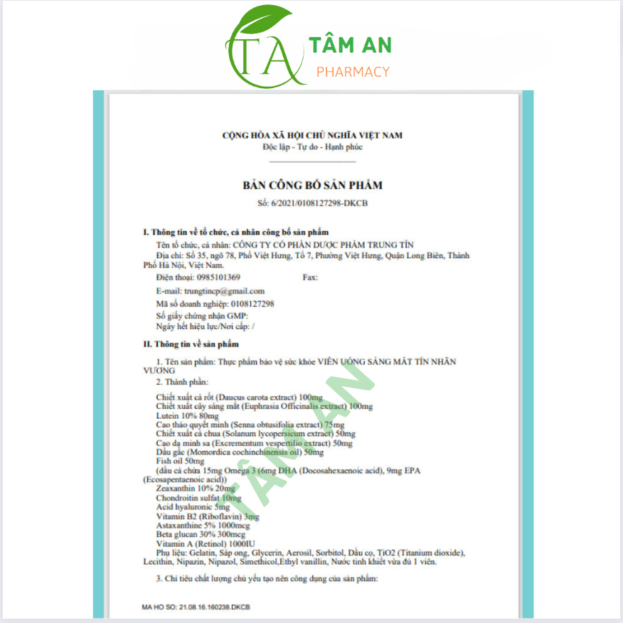 Viên uống sáng mắt Tín Nhãn Vương bổ mắt,viên sáng mắt  giảm các triệu chứng khô mắt, mỏi mắt, nhìn mờ hộp 30 viên