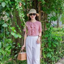 Bộ đồ nữ linen elvax áo hồng phối bèo quần ống suông linen gân xước chất lượng