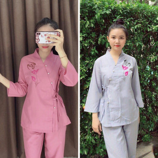 đồ lam nữ, bộ đi chùa, pháp phục lễ chùa mẫu thư pháp chất kate mịn đẹp, mặc thoải mái duyên dáng_tp1
