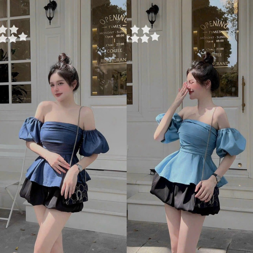 Set bộ nữ áo jean cúp ngực tay rớt phồng mix quần đùi bí với 2 tone màu xinh xắn dành cho các nàng đi dự tiệc, đi chơi
