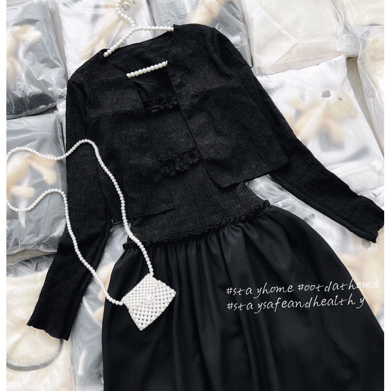 Set váy body nhún kèm áo khoác