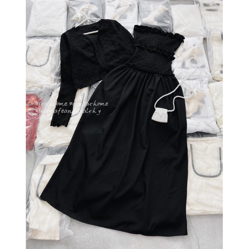 Set váy body nhún kèm áo khoác
