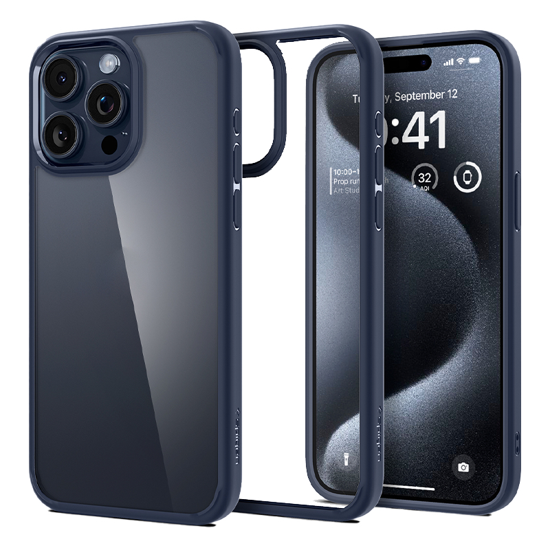Ốp lưng iPhone 15 Pro Max Spigen Ultra Hybrid Crystal Viền màu Đen, Xanh Dương, Trong suốt, Xám