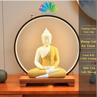 Tượng phật bổn sư thích ca mâu ni tọa đài sen gốm tư sa cao cấp hàng đẹp kèm đèn led hào quang
