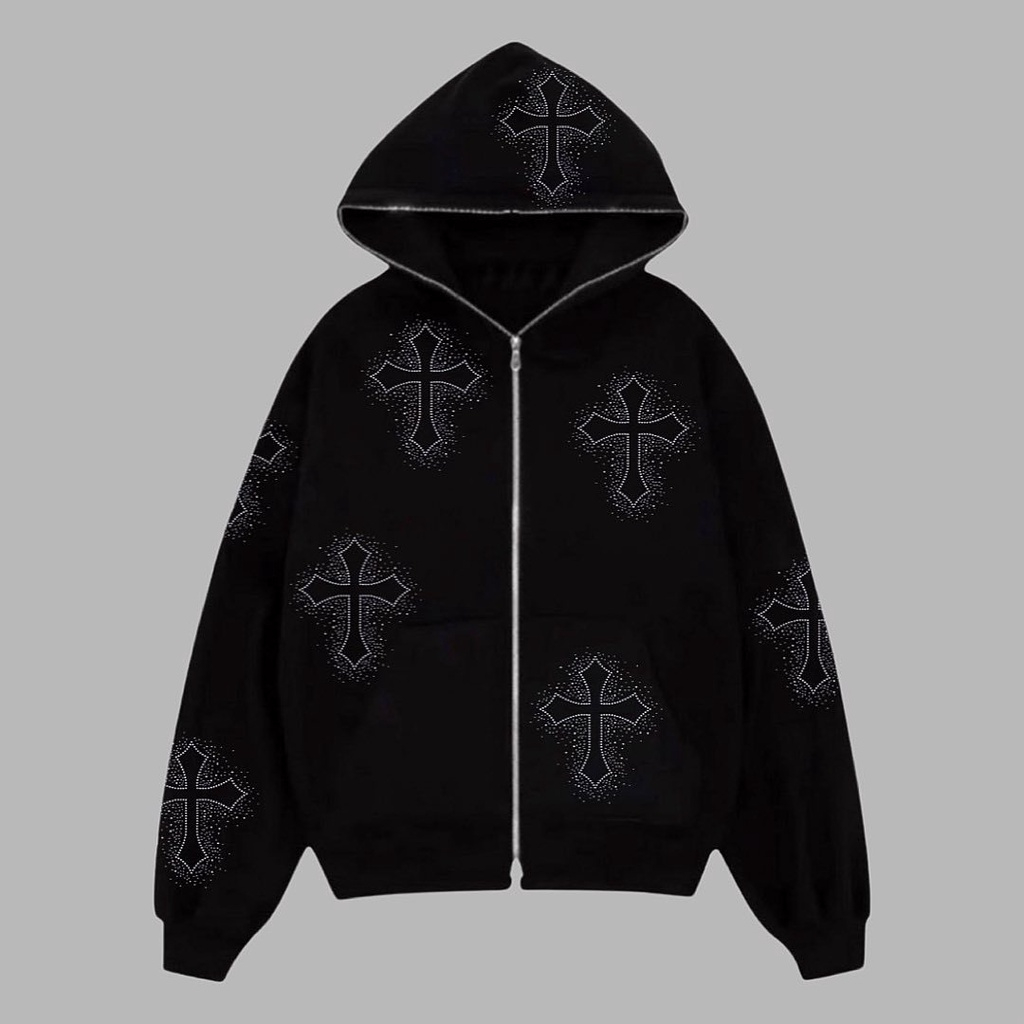 Áo Khoác , Áo Hoodie Chữ Thập Họa Tiết Đính Đá Sang Chảnh, Áo Khoác Hoodie Phối Đính Đá Chữ Thập Kéo Khóa Phong Cách Boy
