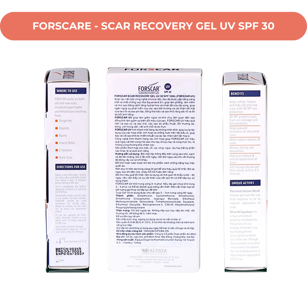 Gel làm giảm sẹo Forscar Scar Recovery Gel thường và UV nhập khẩu Châu Âu