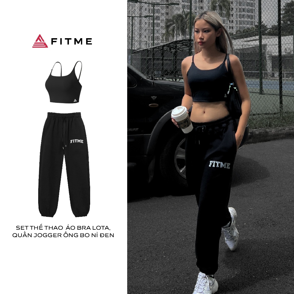 Bộ đồ tập gym Fitme Sportswear áo bra thể thao Lota quần jogger ống bo nỉ đen