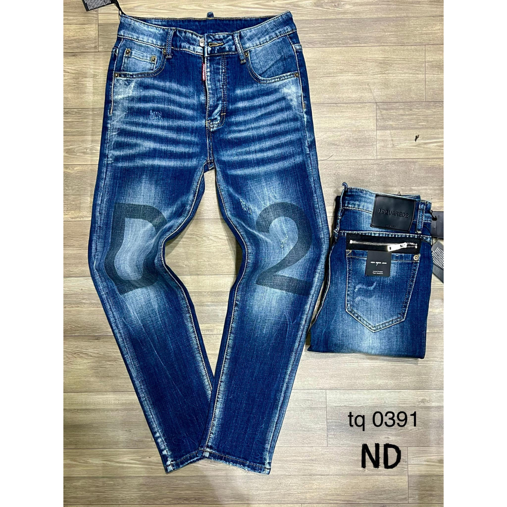 Quần Jean DSQ D2 Xanh Mẫu Hot, Quần Bò Xanh DSQ Icon D2 Phối Vẩy Sơn Lá Phong Màu Pha Bạc