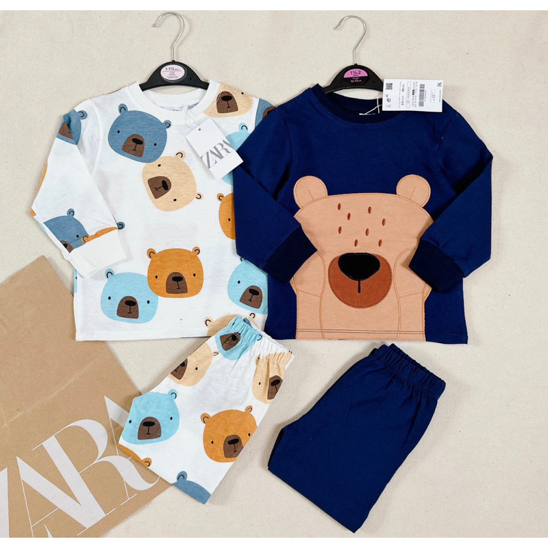 Set 2 bộ cotton dài tay hình gấu than trắng cho bé trai