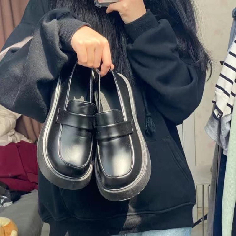 Giày lười da nữ ulzzang màu đen đế bằng cao mũi tròn