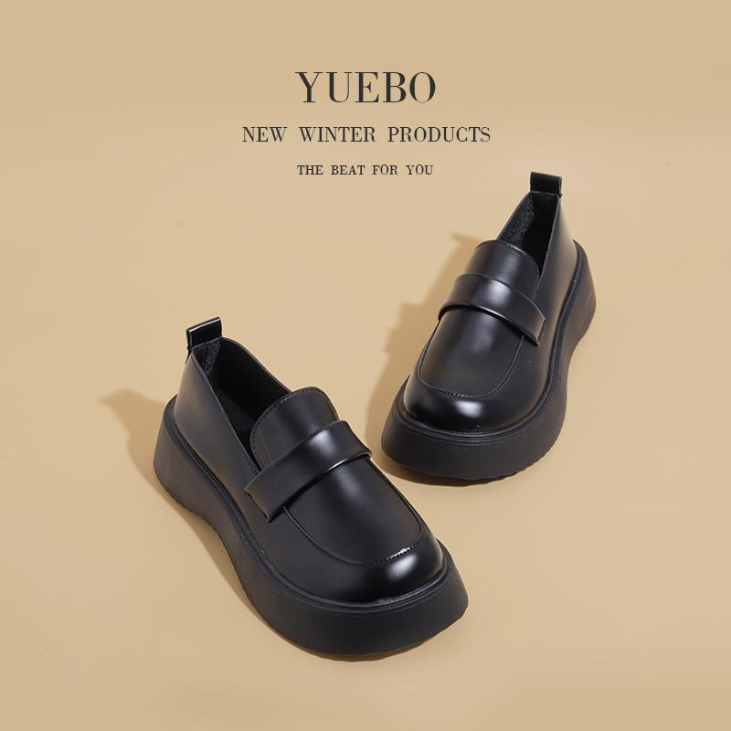 Giày lười da nữ ulzzang màu đen đế bằng cao mũi tròn