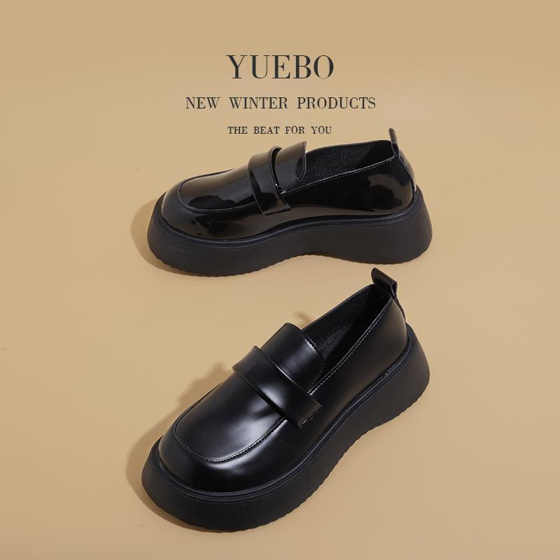 Giày lười da nữ ulzzang màu đen đế bằng cao mũi tròn