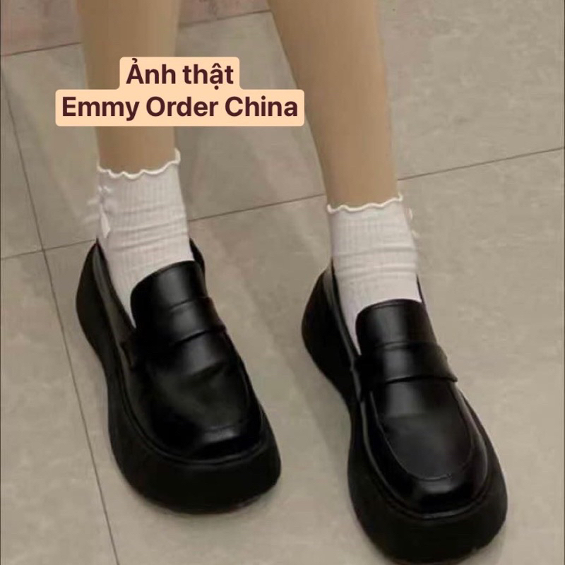 Giày lười da nữ ulzzang màu đen đế bằng cao mũi tròn