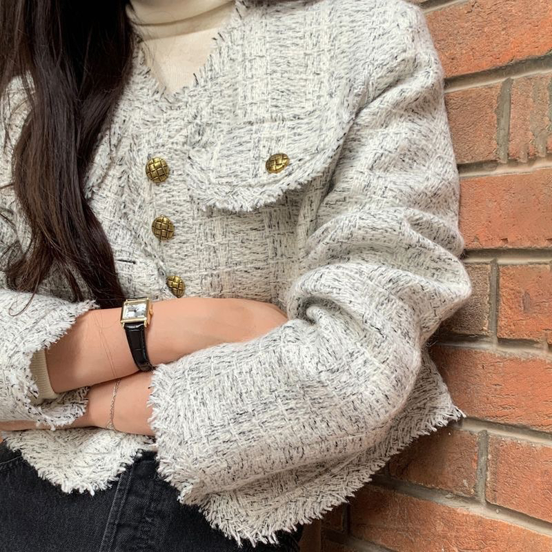 Áo dạ Tweed nữ dáng ngắn màu trắng, áo dạ croptop nhiều cúc trẻ trung mới nhất 2023