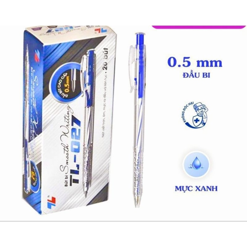 Hộp 20 bút bi TL 027 mực xanh ⚡ CHUẨN CHÍNH HÃNG ⚡ Cây viết đầu bi nét êm mảnh, mực ra đều, chất lượng cao