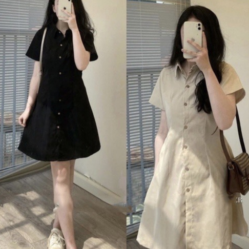 Đầm sơ mi ngắn tay nữ vải lụa mềm mại kiểu dáng đẹp phong cách hàn quốc váy đầm kate trơn đẹp