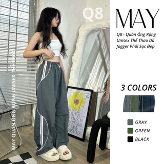 Q8 - Quần Ống Rộng Unisex Thể Thao Dù Jogger Phối Sọc Đẹp - Đen / Xám / Xanh Rêu