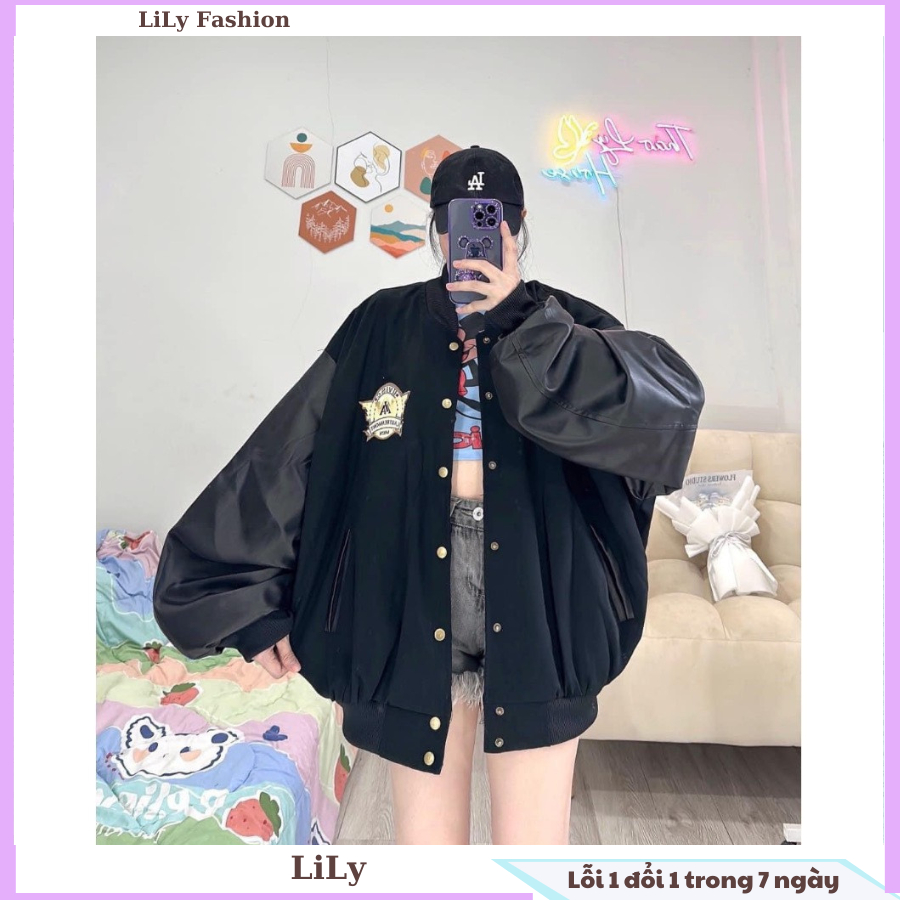 Áo khoác boomber nam nữ form to logo thêu phối tay da cực ngầu phong cách thời trang Hàn Quốc, trẻ trung, hiện đại